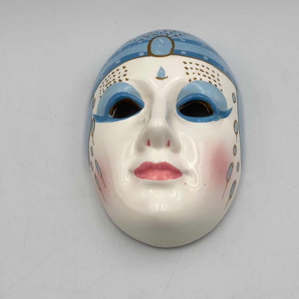 Vintage Hand Painted Ceramic Wall Mask Blue Gold Harlequin Theater Decor